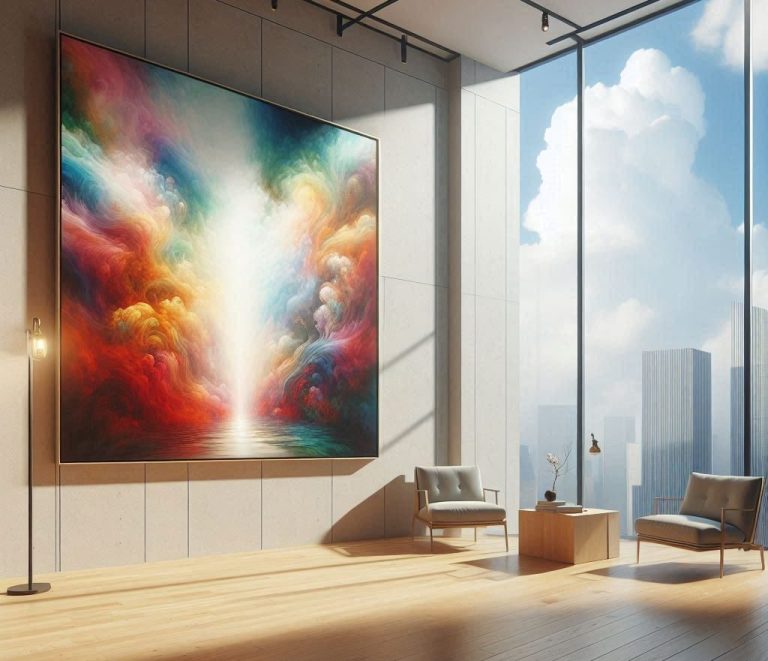 Ein großes Bild, auf dem bunte Farben explodieren, auf einer hohen Wand im Kunsthaus.